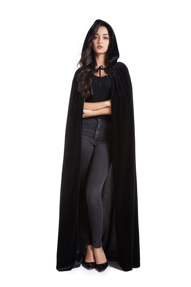 Crizcape Unisex Halloween Costume Cape Hooded Velvet Cloak for Men and Womens Black - Image 1